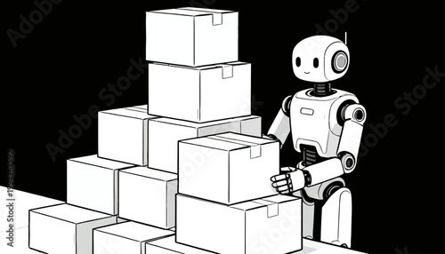 A Minimalist Black and White Editorial Illustration of a Robot Organizing Cardboard Boxes