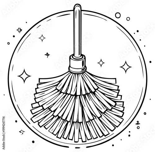 Black and white illustration of a fluffy duster with handle in a circle decorated with stars and dots for coloring pages