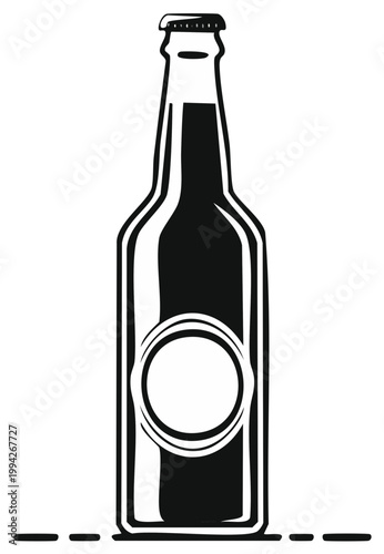 Simple Outline Illustration of a Dark Beer Bottle with a Circular Label Area