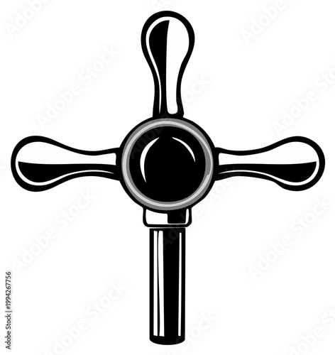 Vintage cross handle water tap knob in a bold black and white vector style