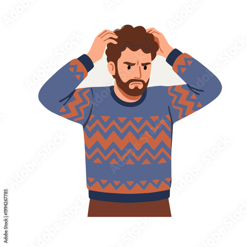 A frustrated man with brown hair and beard runs hands through hair