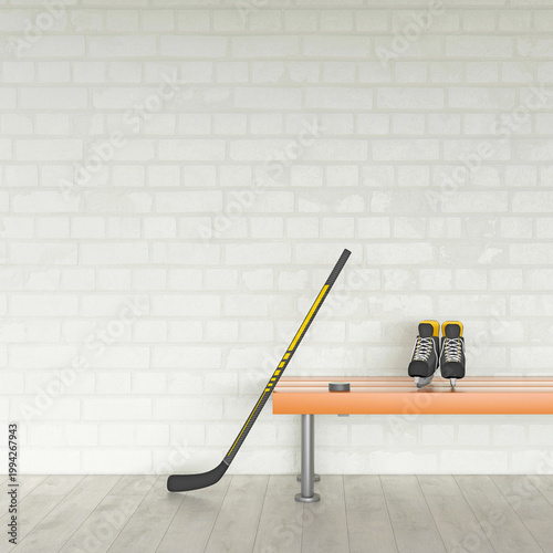 Ice hockey stick and skate on a bench