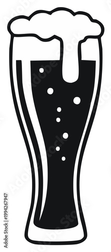 Black and white beer glass, foam and bubbles illustration