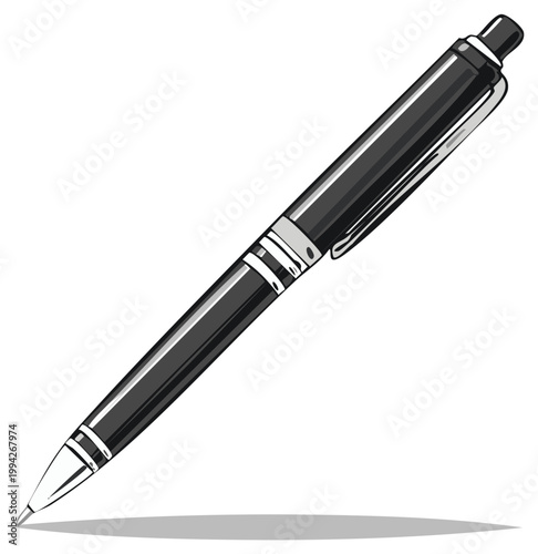 Sleek Black Ballpoint Pen with Silver Accents Isolated on White