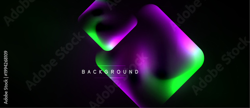 Abstract shapes blend vibrant purple, green hues. Dark background emphasizes glowing forms, creating modern visual effect.