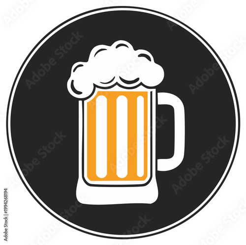 Stylized vector illustration of a frothy beer mug with orange stripes inside a black circle