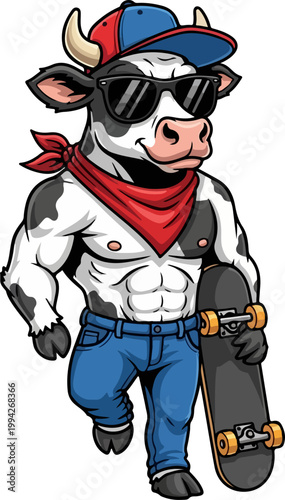 Cool Skater Cow Mascot Vector Illustration with Sunglasses and Skateboard