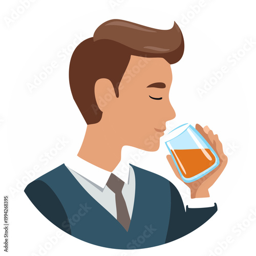 Man in suit smelling a drink from a glass with eyes closed flat design illustration
