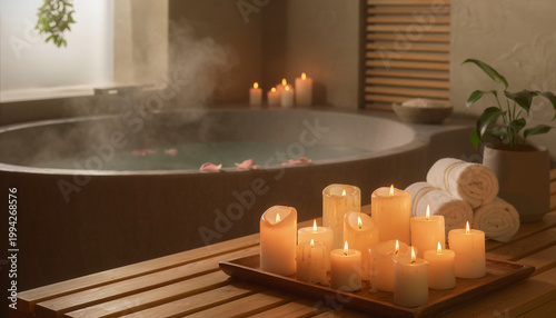 Relaxing spa scene with candles and a steaming hot tub indoors