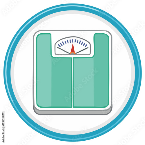 Bathroom scale icon in blue circle. Weighing machine to show weight. Weight loss tracking.