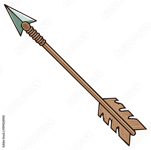 Simple cartoon illustration of a traditional hunting arrow with wooden shaft and stone arrowhead