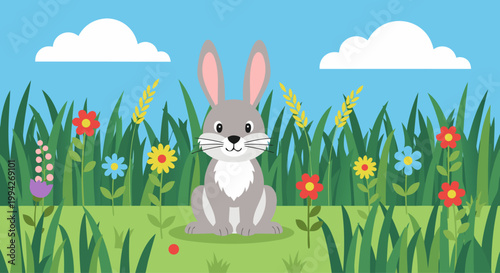 Rabbit sitting among flowers in grassy meadow with blue sky