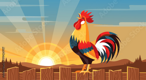 Rooster crowing on fence at sunrise over landscape