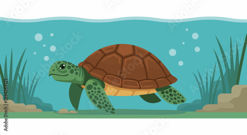 Sea turtle swimming gliding through seagrass bed in shallow ocean