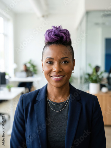 Confident African American Business Woman with Purple Hair in Modern Office Setting: A Professional Portrait of Success and Diversity 