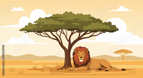 Lion resting under acacia tree in savanna landscape at daybreak