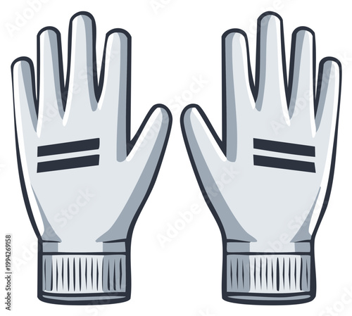 Cartoon illustration of two white gloves with black stripes, protective apparel