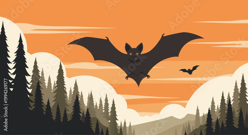 Bat flying over pine forest at orange sunset sky horizon