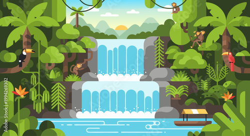 Waterfall cascading through tropical rainforest with wildlife