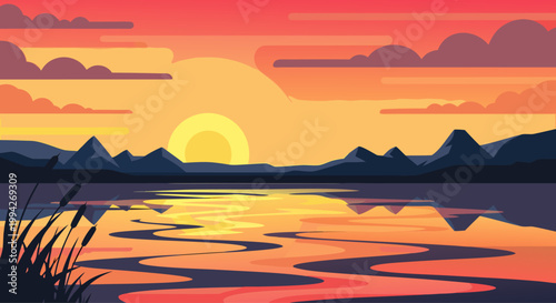 Sun setting behind distant mountains over tranquil lake