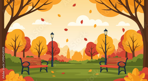 Autumn park benches empty under falling orange foliage