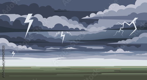 Dark thunderclouds producing lightning over open plain