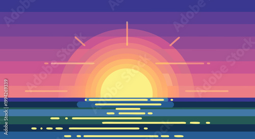 Sunset glowing over calm ocean with reflected light bands