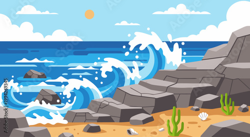 Rocky shore with crashing waves along coastal sandy beach