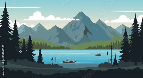 Canoe on lake near pine forest and distant mountains