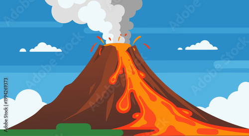 Volcano erupting with lava flowing across volcanic slope
