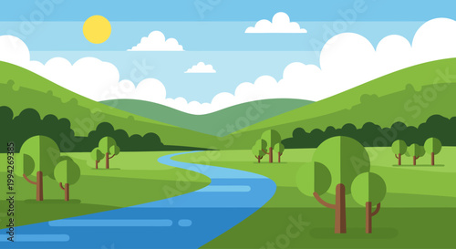 Hills and river flowing through rolling green valley landscape