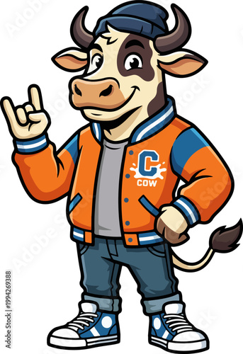 Cool Rocker Cow Mascot Vector Wearing Varsity Jacket and Beanie
