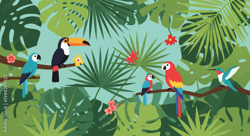 Fototapeta premium Tropical birds perching on branches amid dense jungle foliage