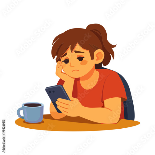A woman sits at a table looking worried while holding her phone.