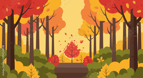 Autumn colored trees lining pathway in forested park scene