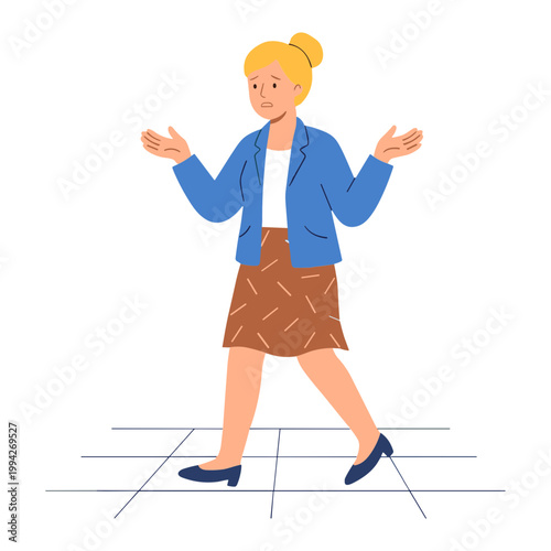 Woman walks confidently outside on grid lines wearing business attire gesturing.