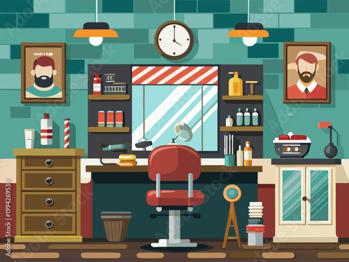 Barber chair centered in classic barbershop interior setting