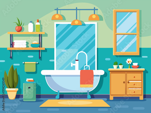 Freestanding tub with mirror and shelving in bright bathroom