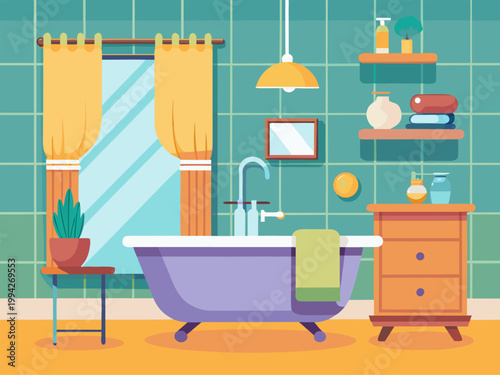 Clawfoot tub with towel and window curtains in bathroom