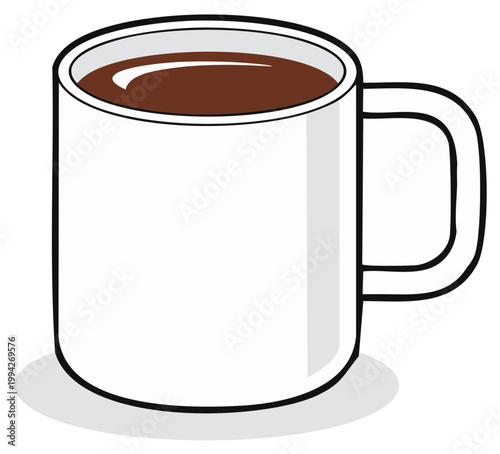 Clean white ceramic mug filled with rich dark hot chocolate beverage and subtle shadow