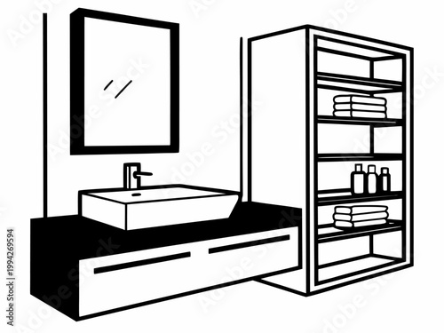 Bathroom vanity with sink and open shelving in line art