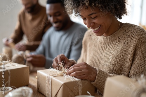 Joyful gathering of friends wrapping gifts, sharing laughter and