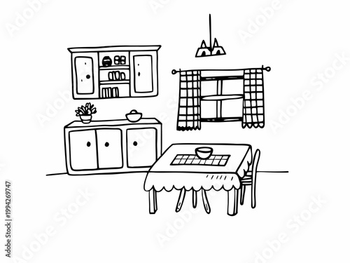 Dining table set with cabinet and window in simple interior sketch