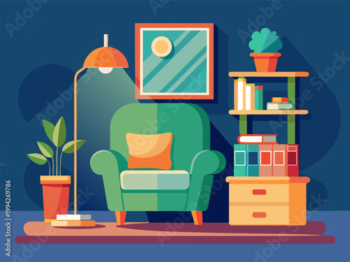 Armchair with floor lamp and shelf in living room interior