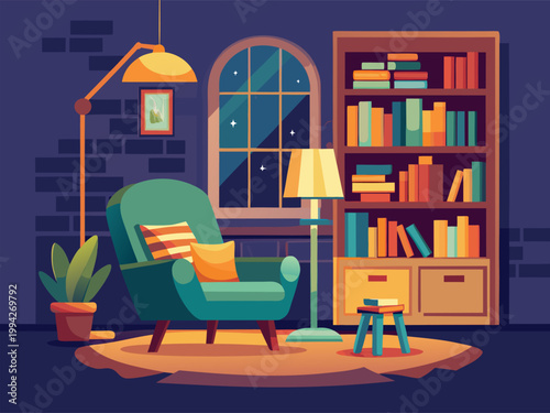 Armchair next to bookshelf by window at night in study