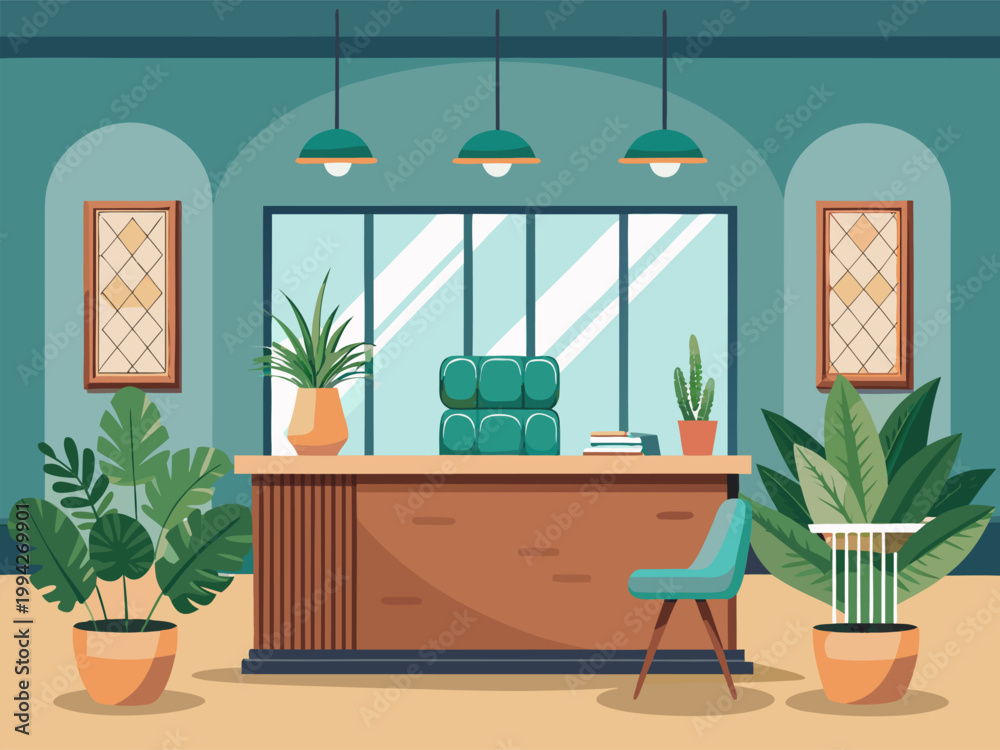 Fototapeta premium Reception desk with potted plants and chair in interior lobby