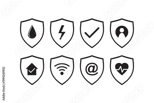 Set of eight shield icons representing protection for home, health, web and energy. Design uses clean black lines to convey safety, reliability. Monochrome signs, pictogram.