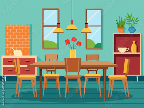 Long dining table with multiple chairs in modern interior