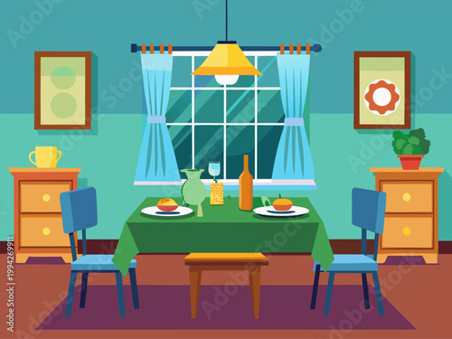 Dining table arranged for meal in interior dining room