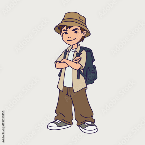 Cartoon character of adventure boy with bucket hat and backpack